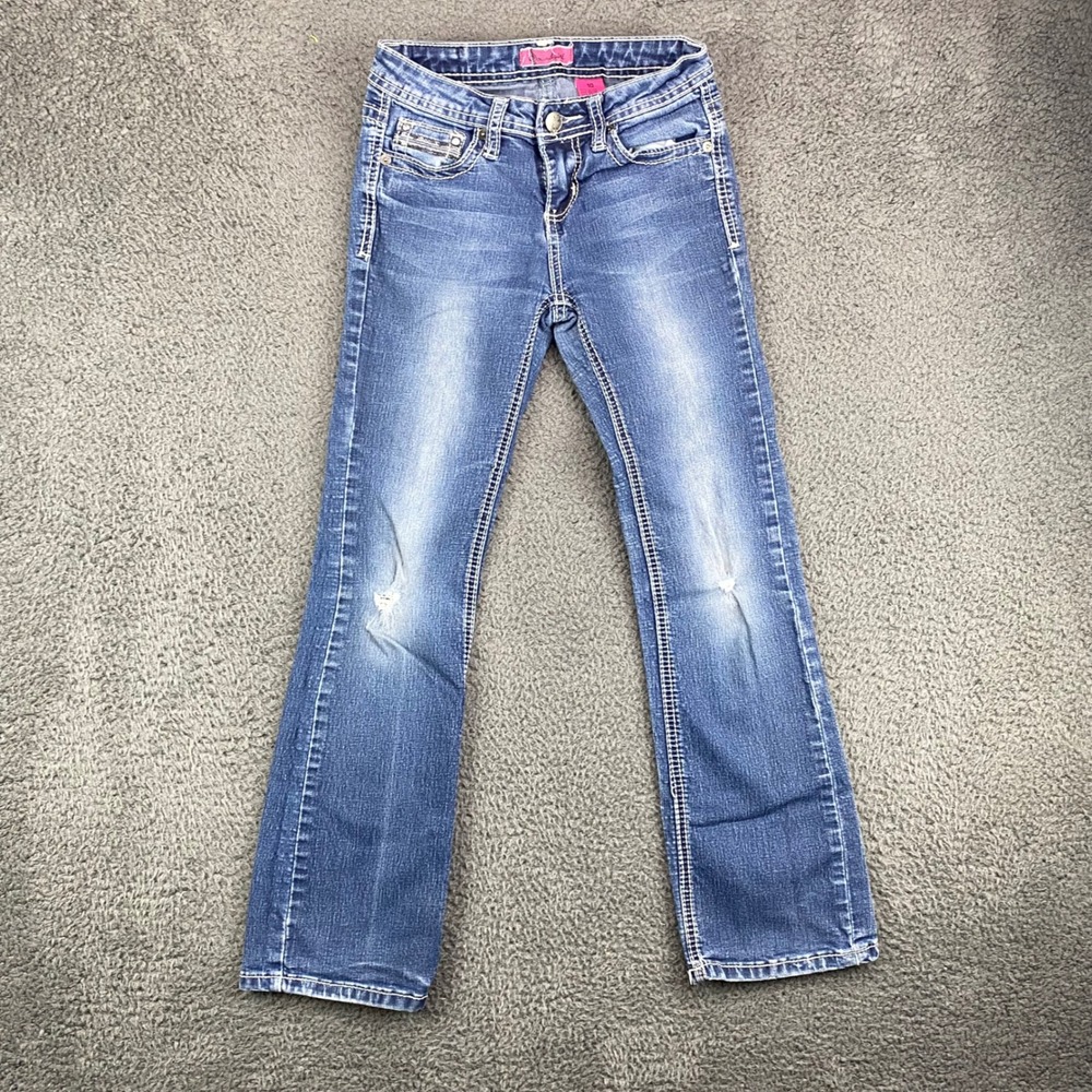 Pound Girl Jeans‎ Size 10 Embellished Pockets White Stitching Blue Denim
